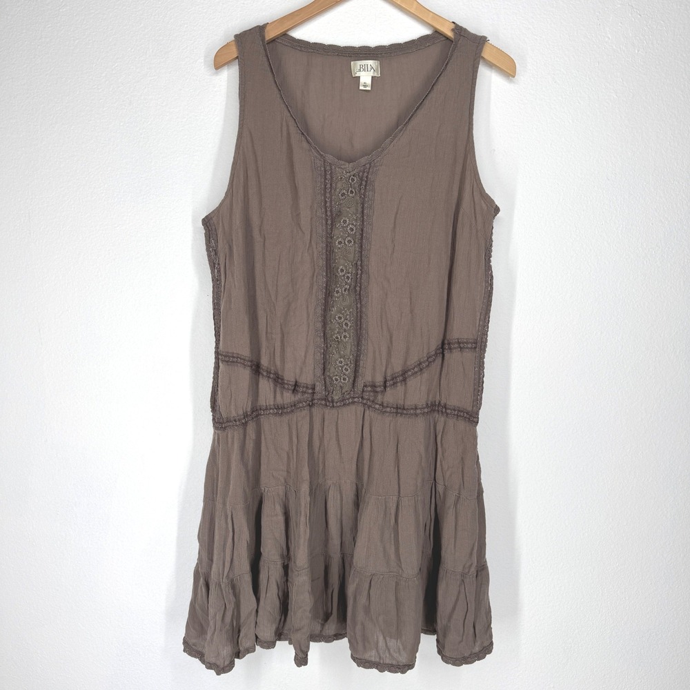 Bila Gauze Embroidered Lace Trim Tiered Boho Mini Dress XL Brown Fairy‎ Grunge